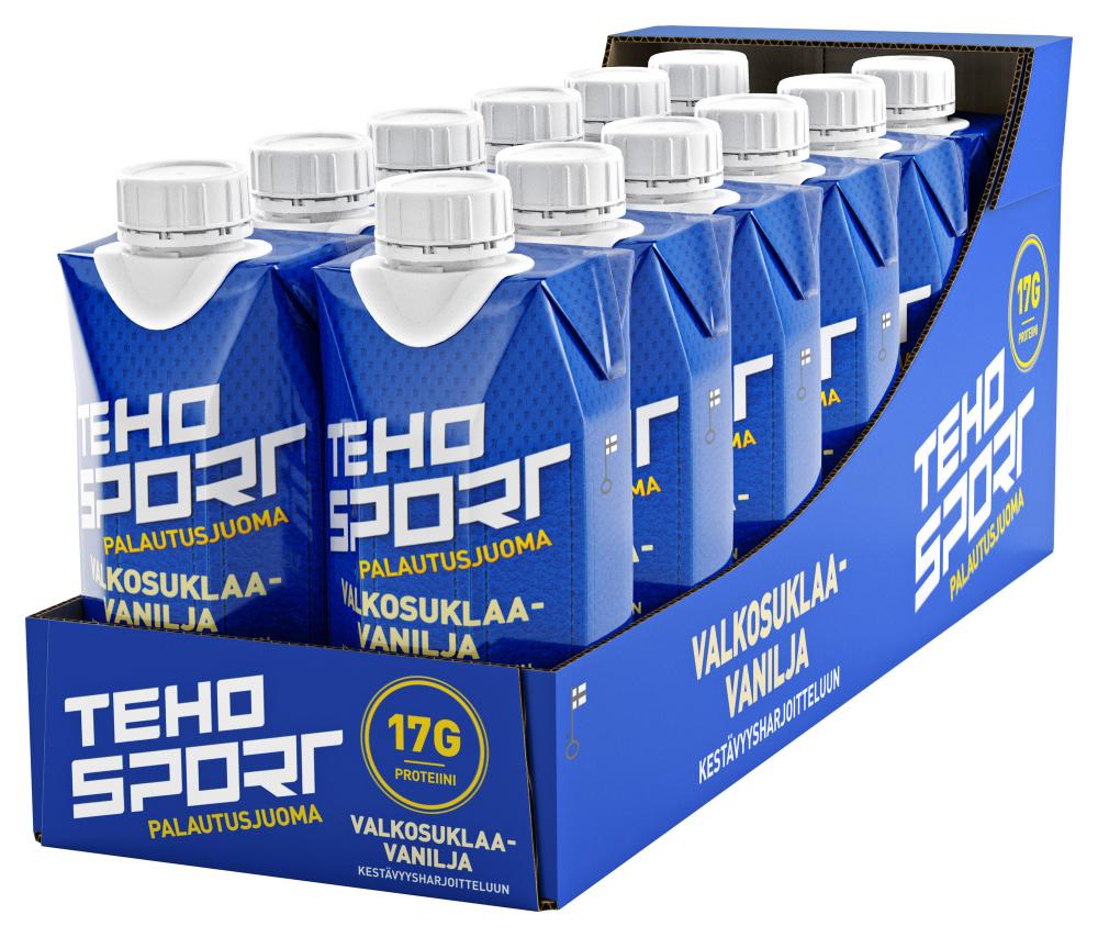 12 kpl TEHO Sport palautusjuoma 330 ml, valkosuklaa-vanilja + magnesium